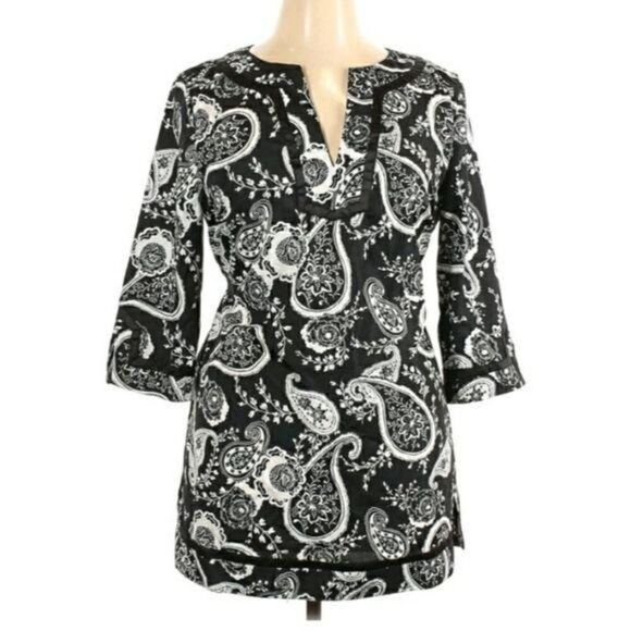 Rochas Paris Tunic Top Split Neck Long Sleeve Paisley Print Tie Waist Blk Sz XL - Picture 2 of 11